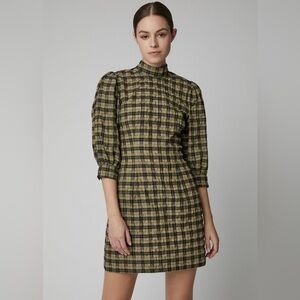 GANNI Seersucker Green Black Plaid Puff Sleeve Mini Dress
